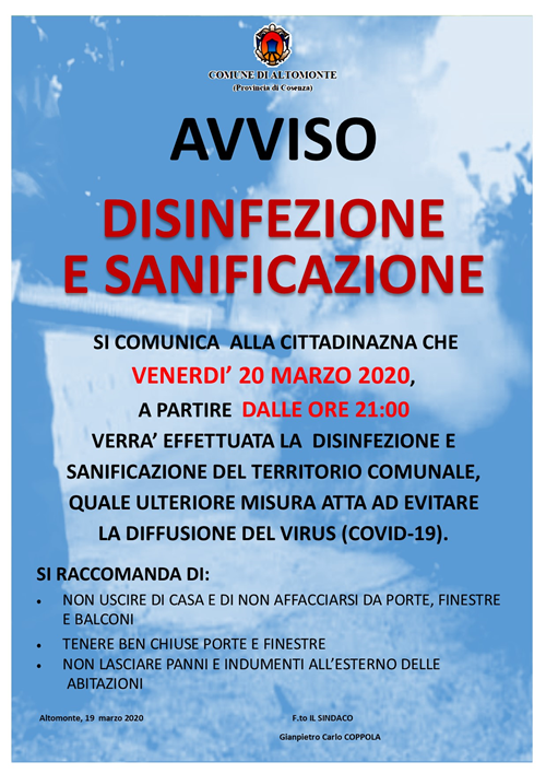 Altomonte:AVVISO DISINFEZIONE E SANIFICAZIONE