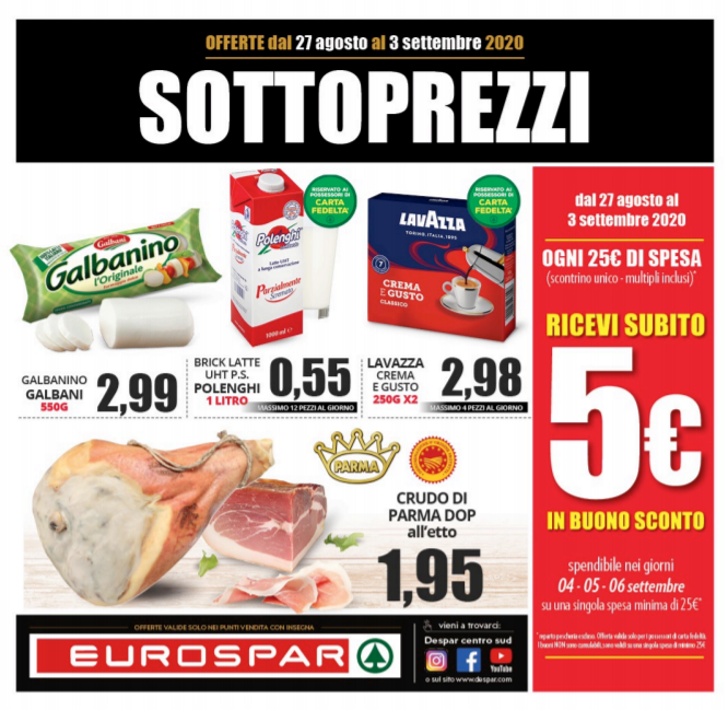 Nuovo volantino Eurospar con offerte valide da giovedì 27 Agosto fino a giovedì 3 Settembre 2020!