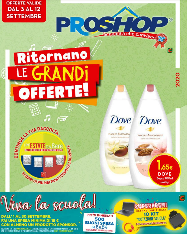 Nuovo volantino Proshop con tantissimi prodotti per la cura della casa e della persona in offerta a partire da giovedì 3 fino a mercoledì 12 settembre 2020.