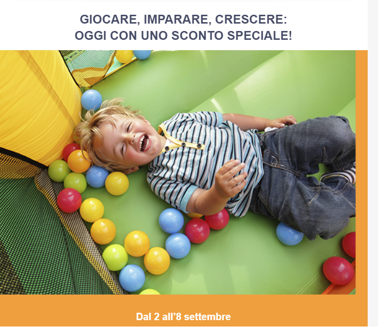 Dal 2 all’8 settembre -30% su TUTTI i giocattoli.
Perché divertirsi insieme non ha prezzo!