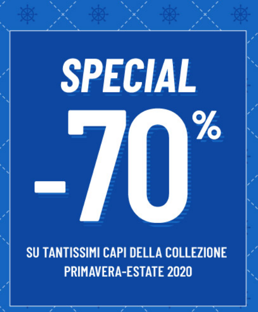 -70% di sconto valido su una selezione di capi della Collezione Primavera-Estate 2020, non cumulabile con promo 50% + 20%.