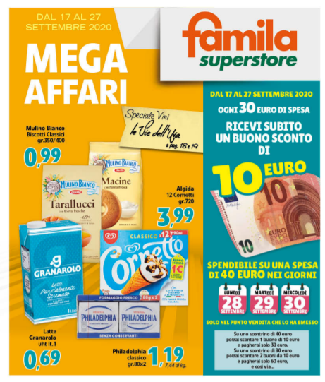 Nuovo volantino dei supermercati Familia con tante offerte a partire da giovedì 17 a domenica 27 Settembre 2020.