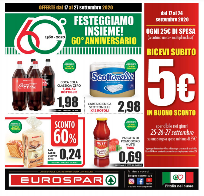 Nuovo volantino Eurospar da giovedì 17 fino a domenica 27 Settembre 2020.