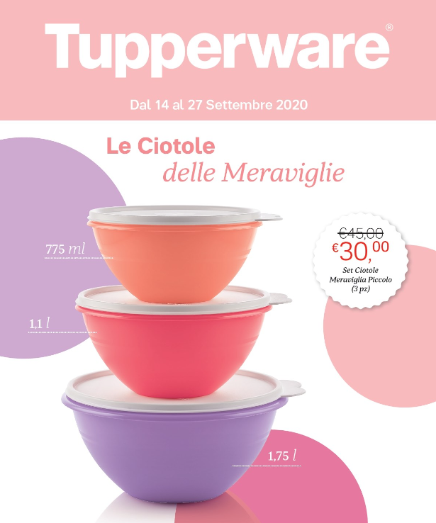 Dal 14 al 27 Settembre puoi acquistare a 30€ il set di 3 ciotole "Meraviglia", con capienza di 775 ml, 1,1L e 1,75 L.