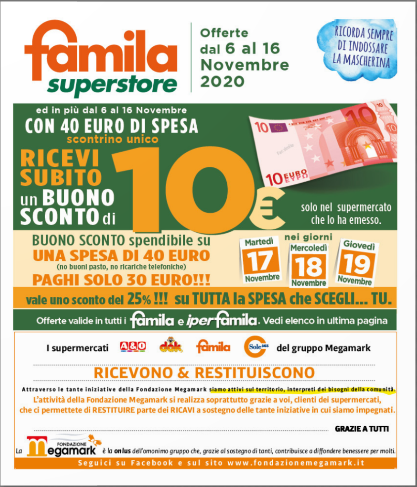 Volantino Famila: Con 40€ di spesa Buono Sconto di 10€