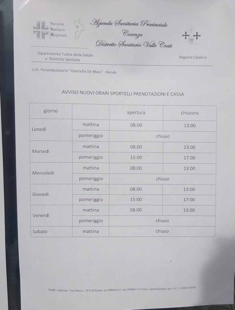 orari poliambulatorio quattromiglia rende cs