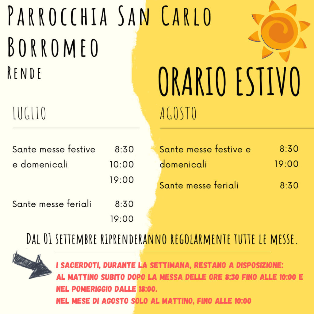 Orario estivo Messe San Carlo