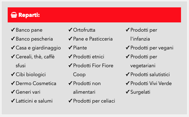 reparti supermercato COOP Zona Industriale Piano Lago,Mangone (CS)