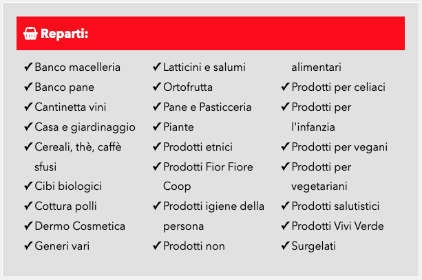reparti presenti nel supermercato COOP di San Giovanni in Fiore (CS) Località Difesa della Serra